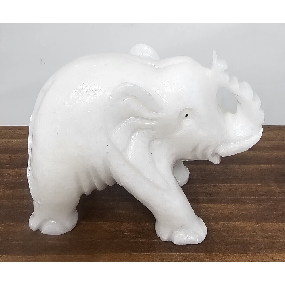 Hand Carved Natural White Stone Elephant Figurine Statue Trunk Up Good Luck 3.5" - Picture 3 of 7